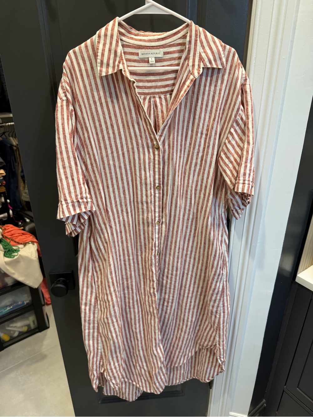 Banana Republic Womens Red and White Striped Maxi Shirt Dress